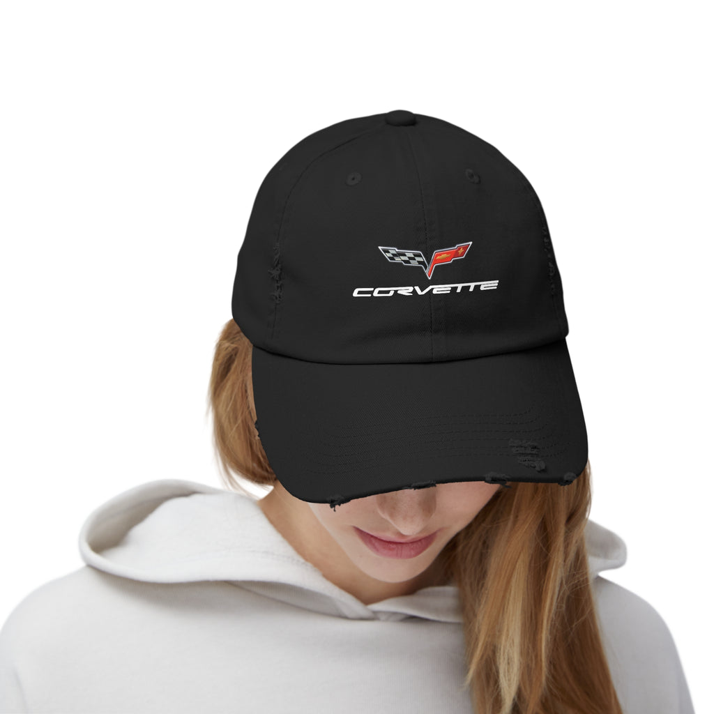 Corvette C6 Flag Logo Distressed Cap, One size adjustable hideaway strap.