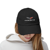 Corvette C6 Flag Logo Distressed Cap, One size adjustable hideaway strap.