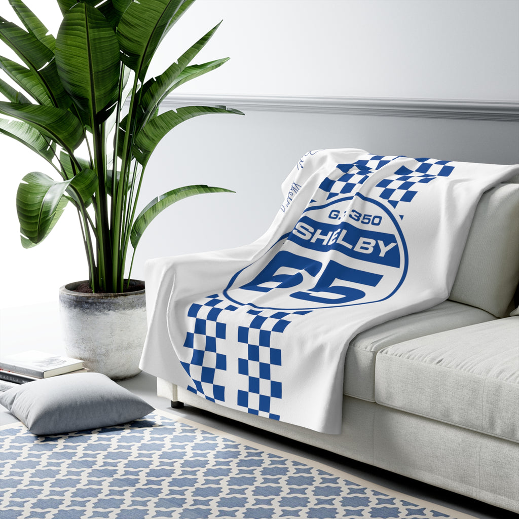Carroll Shelby 65 Racing Checkers Decorative White and Blue Sherpa Blanket