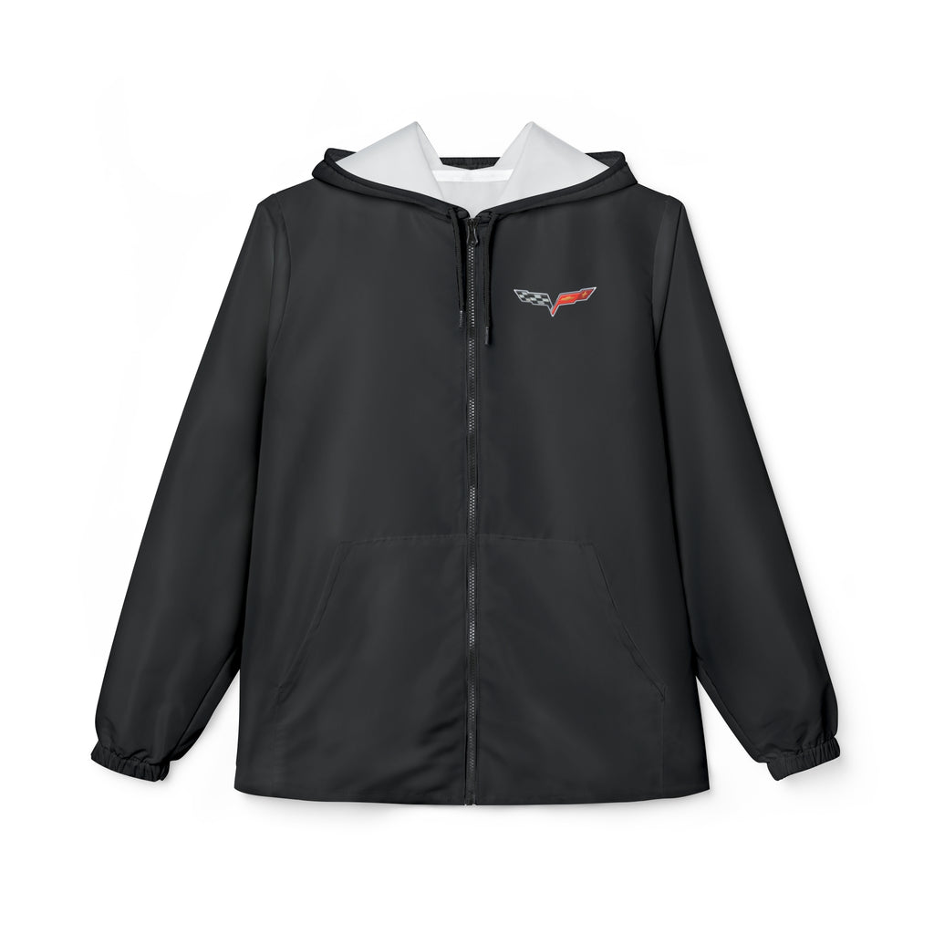 Unisex Corvette C6 Lightweight Hooded Windbreaker Hoodie with Full Zipper, Front Pockets, Elastic Cuffs, Water and Wind Resistant for Outdoor Use
