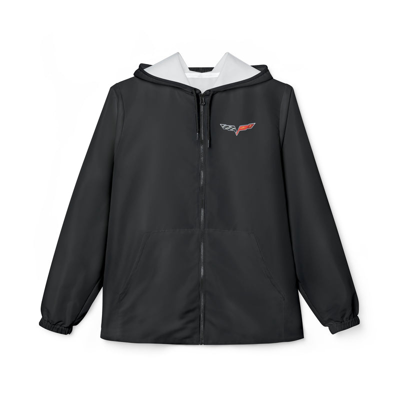 Unisex Corvette C6 Lightweight Hooded Windbreaker Hoodie with Full Zipper, Front Pockets, Elastic Cuffs, Water and Wind Resistant for Outdoor Use