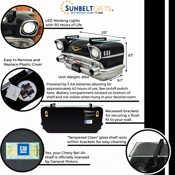 Sunbeltgifts 1957 Chevrolet Bel Air Wall Shelf, Floating Shelf, Temper