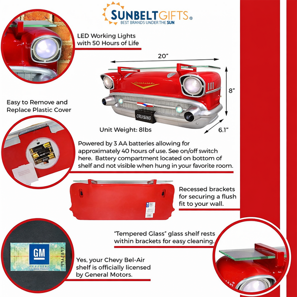Sunbeltgifts 1957 Chevy Bel Air Wall Shelf, Floating Shelf, Red, 20x6.