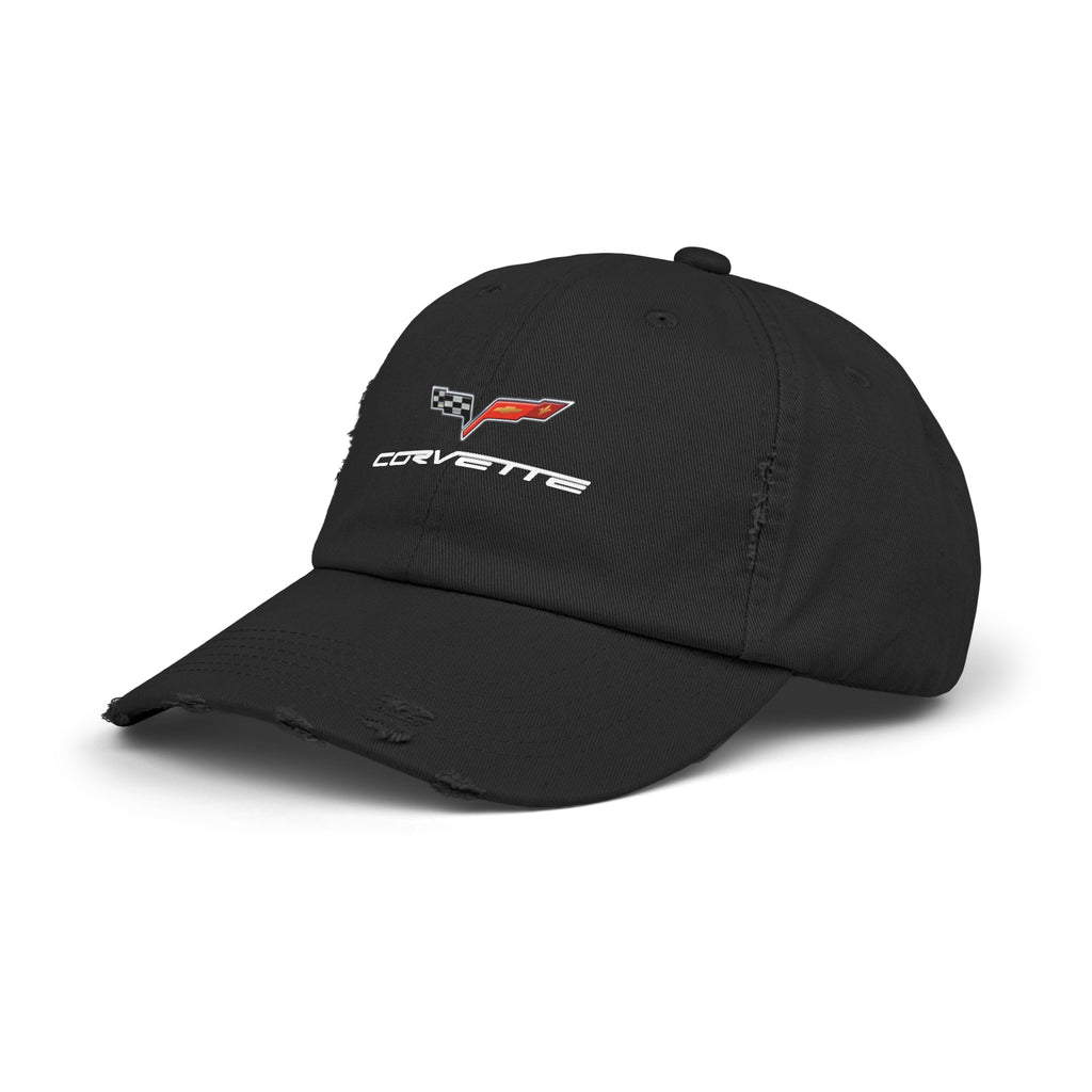 Corvette C6 Flag Logo Distressed Cap, One size adjustable hideaway strap.
