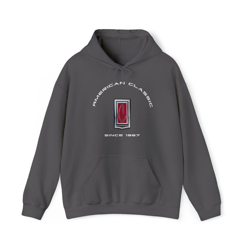 Camaro 1st Gen Hoodie, Heavy Blend Hooded Sweatshirt, Unisex Pullover with Red C Emblem, Classic Chevy Gift for Muscle Car Enthusiasts