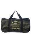 General Motors Chevrolet Trucks Bowtie Day Trip Duffle, Forest Camo with Waterproof Interior, Top Zipper, and Removable Shoulder Strap, Ideal for Chevy Truck Enthusiasts on the Go