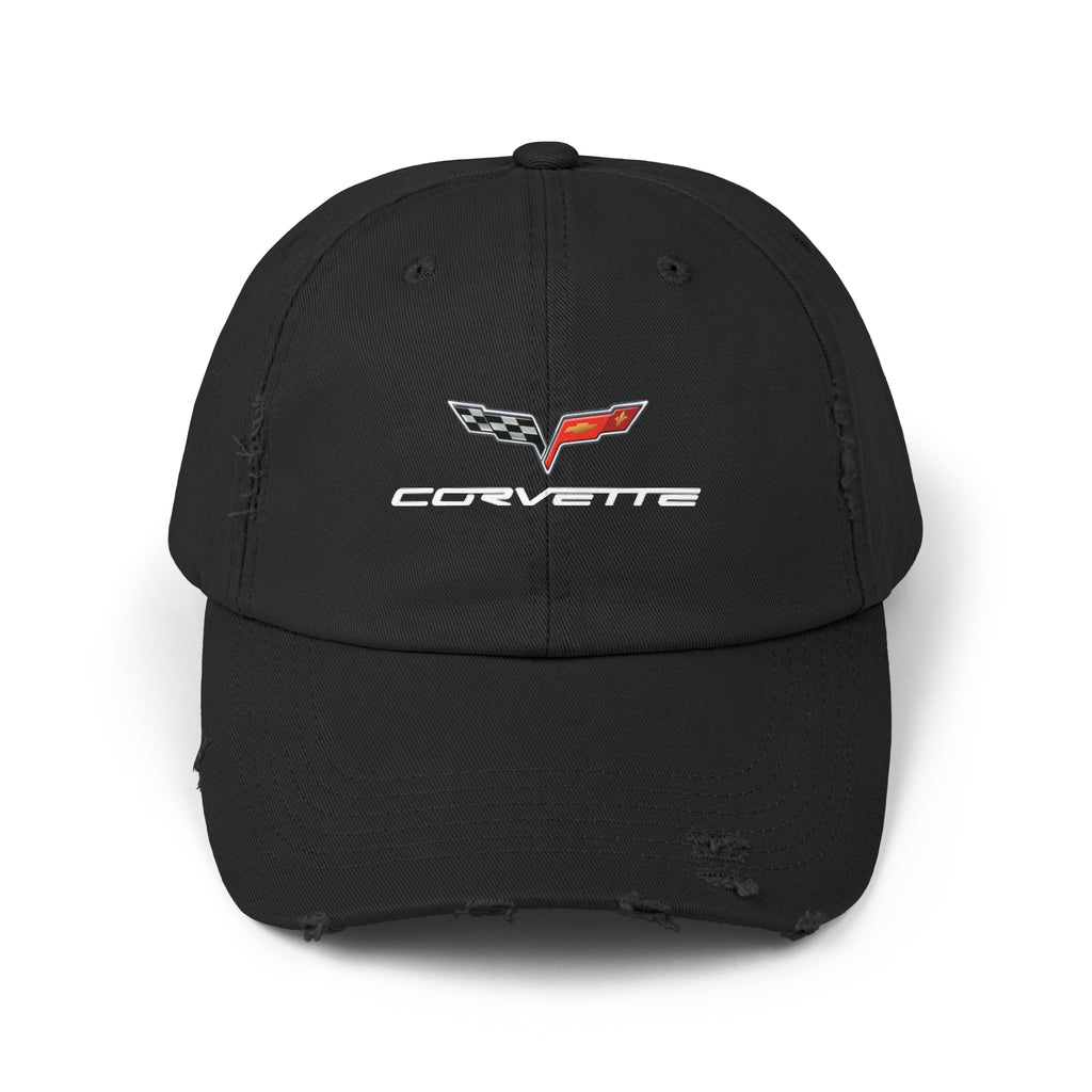 Corvette C6 Flag Logo Distressed Cap, One size adjustable hideaway strap.