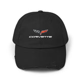 Corvette C6 Flag Logo Distressed Cap, One size adjustable hideaway strap.