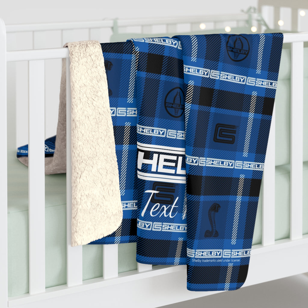 Carroll Shelby Blue with White Stripe Personalized Plaid Sherpa Blanket, 50x60", Warm and Cozy with Plush Backside, Custom Text Option, Home Decor, Shelby Fans