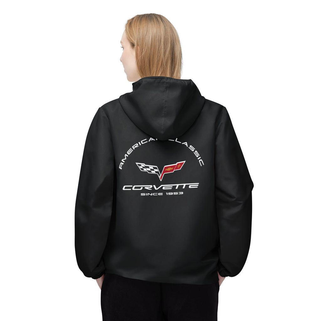 Unisex Corvette C6 Lightweight Hooded Windbreaker Hoodie with Full Zipper, Front Pockets, Elastic Cuffs, Water and Wind Resistant for Outdoor Use