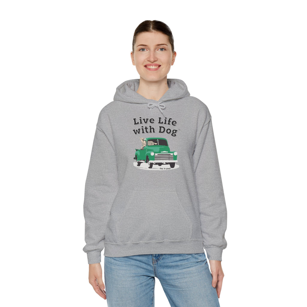 Dog is Good "Live Life with Dog" Truck Hoodie, Unisex Fleece Pullover for Dog Lovers, Cozy Sweatshirt for Pet Owners and Truck Lovers