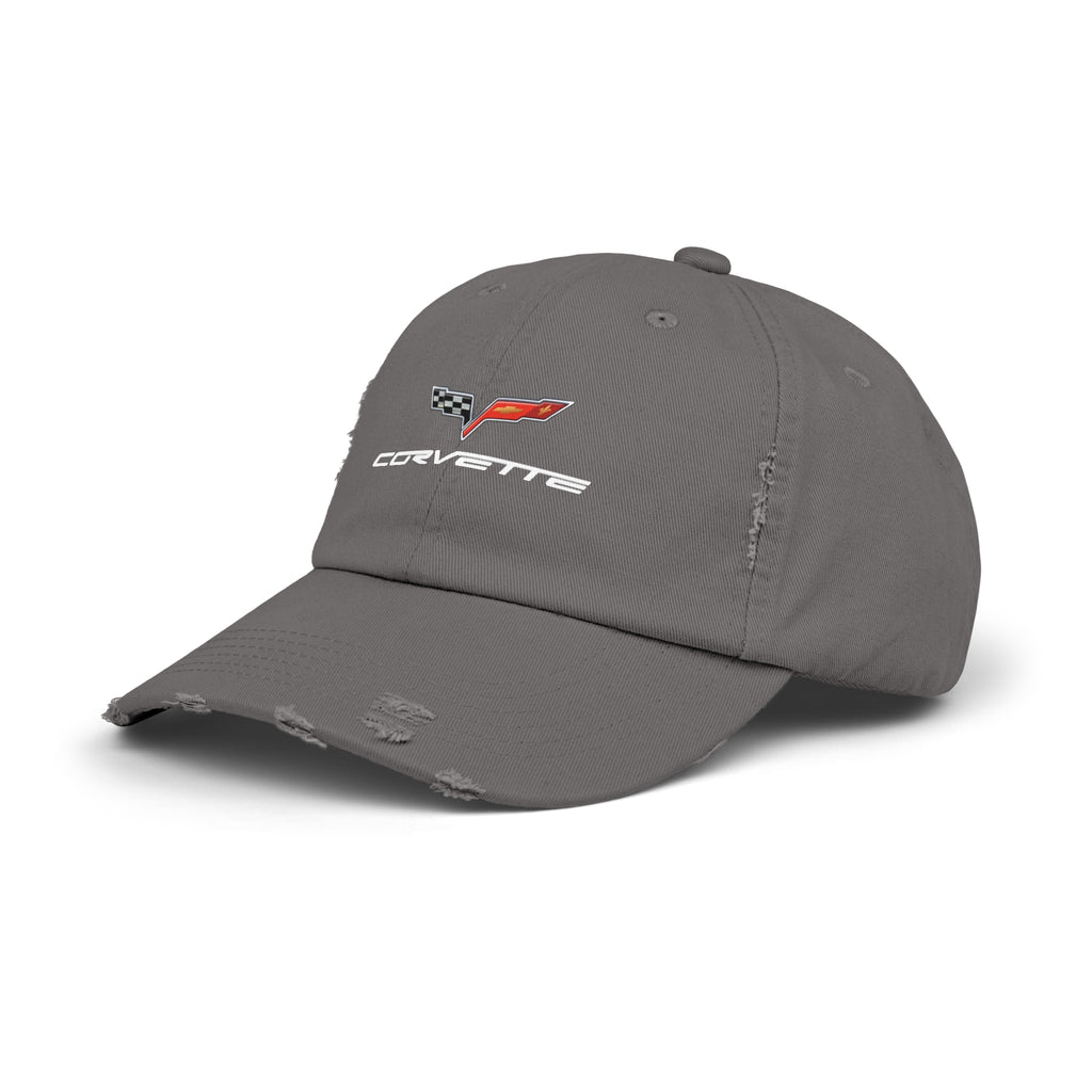 Corvette C6 Flag Logo Distressed Cap, One size adjustable hideaway strap.