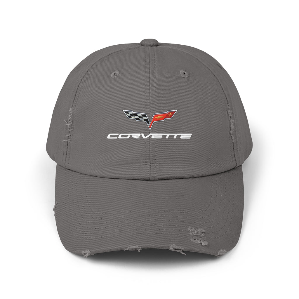 Corvette C6 Flag Logo Distressed Cap, One size adjustable hideaway strap.