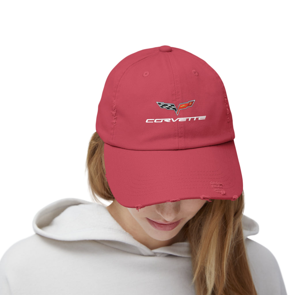 Corvette C6 Flag Logo Distressed Cap, One size adjustable hideaway strap.