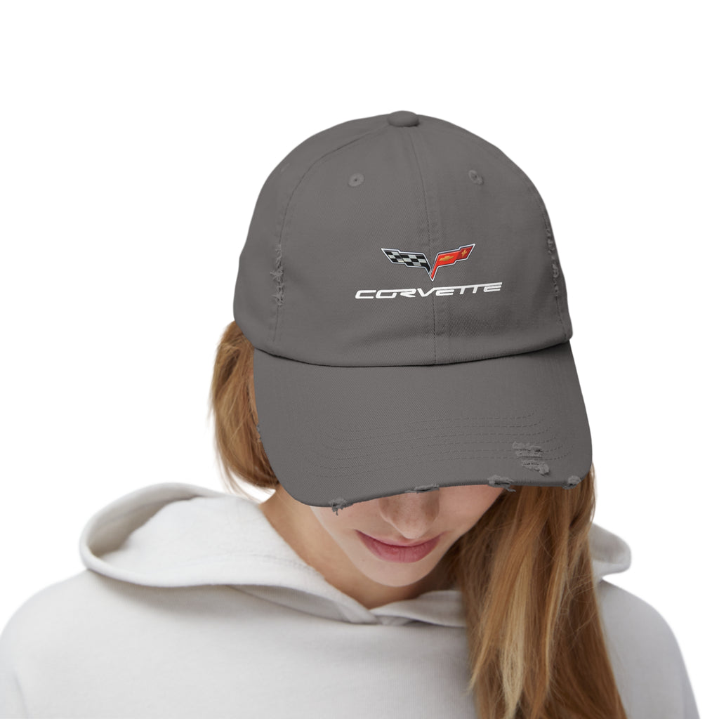 Corvette C6 Flag Logo Distressed Cap, One size adjustable hideaway strap.