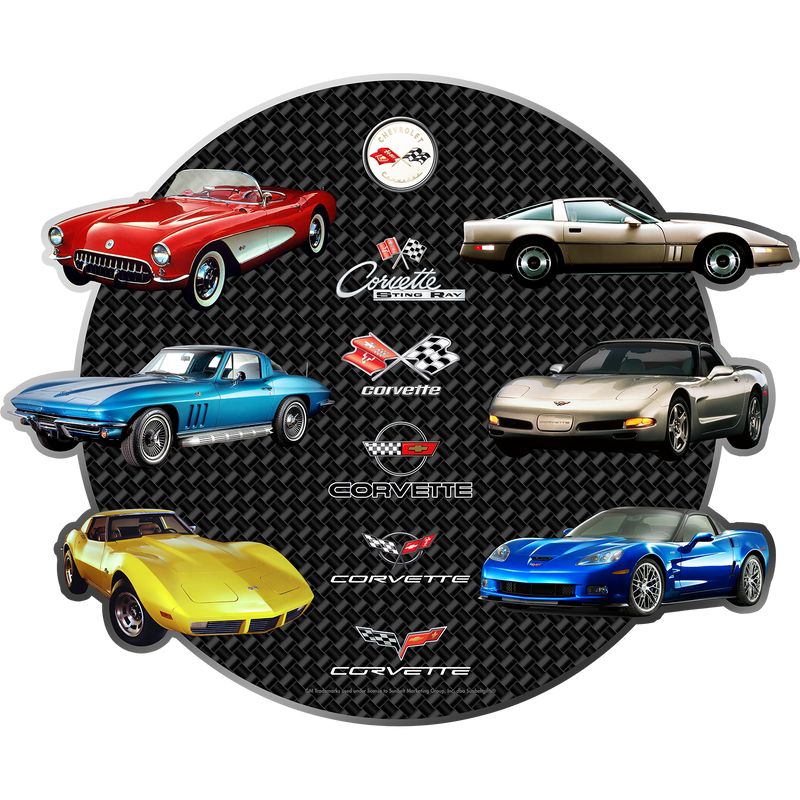 Chevrolet Corvette C1–C6 Round Die-Cut Metal Wall Decor — Made in USA, Available in 2 sizes