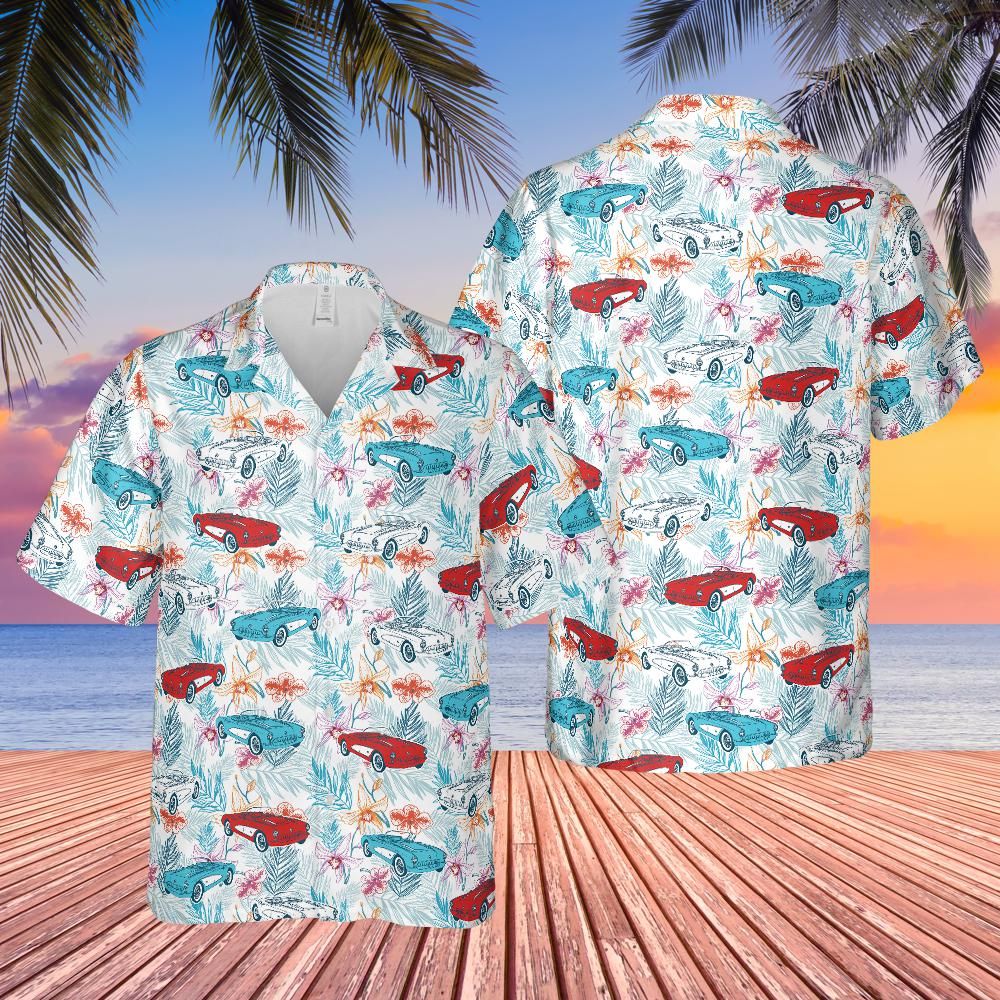 C1 Chevrolet Corvette Men's Multicolor Short Sleeve Front Button Hawaiian Style Shirt