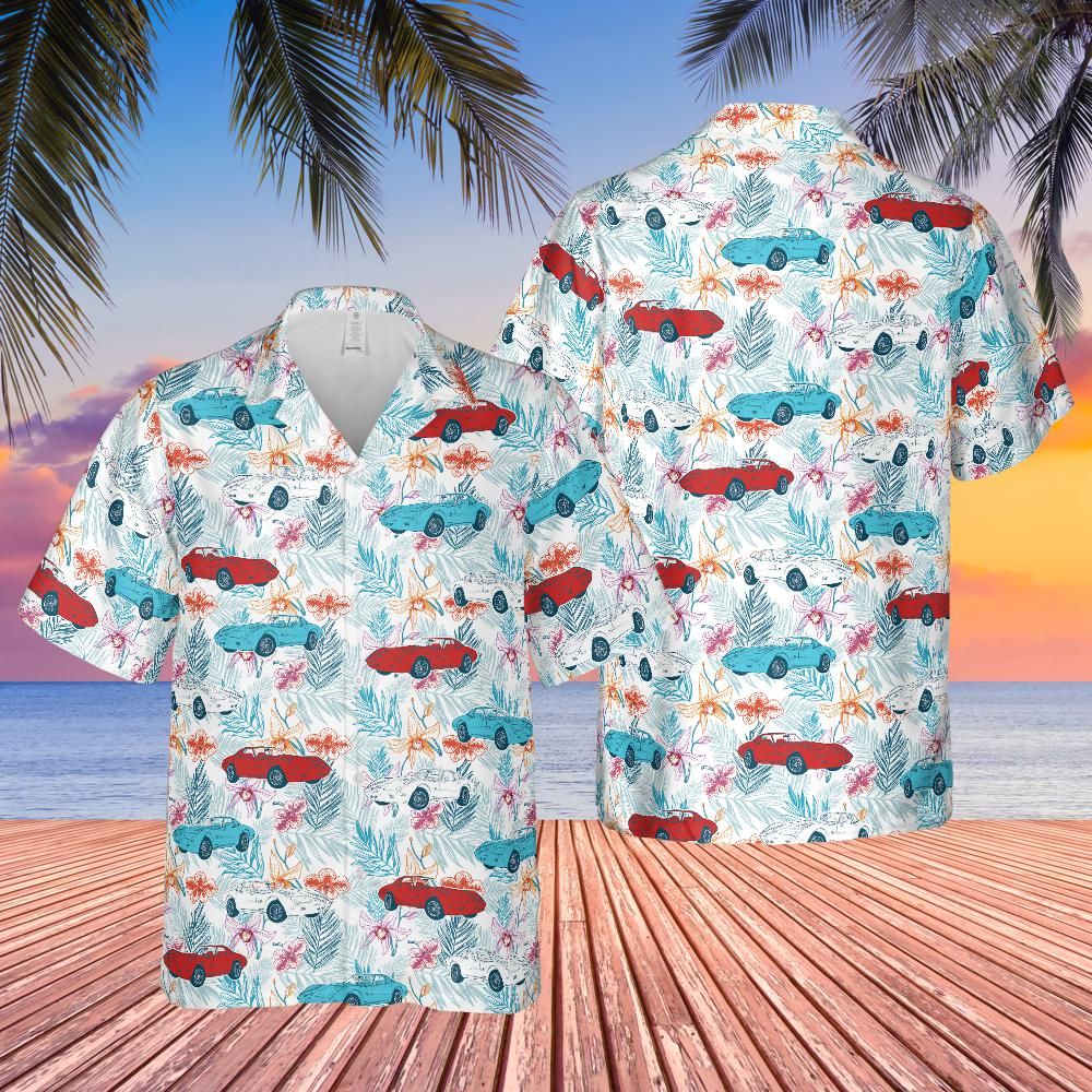 C3 Corvette Men's Multicolor Short Sleeve Front Button Hawaiian Style Shirt