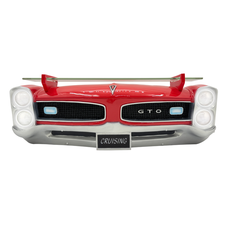 Sunbeltgifts 1966 Pontiac GTO Floating Wall Shelf, Red, 19.5x6.5x8 inches, Tempered Glass, Battery Operated LED Headlights, GTO fans, Gift for Vintage Car Enthusiasts, Man Cave Decor, Automotive Decor