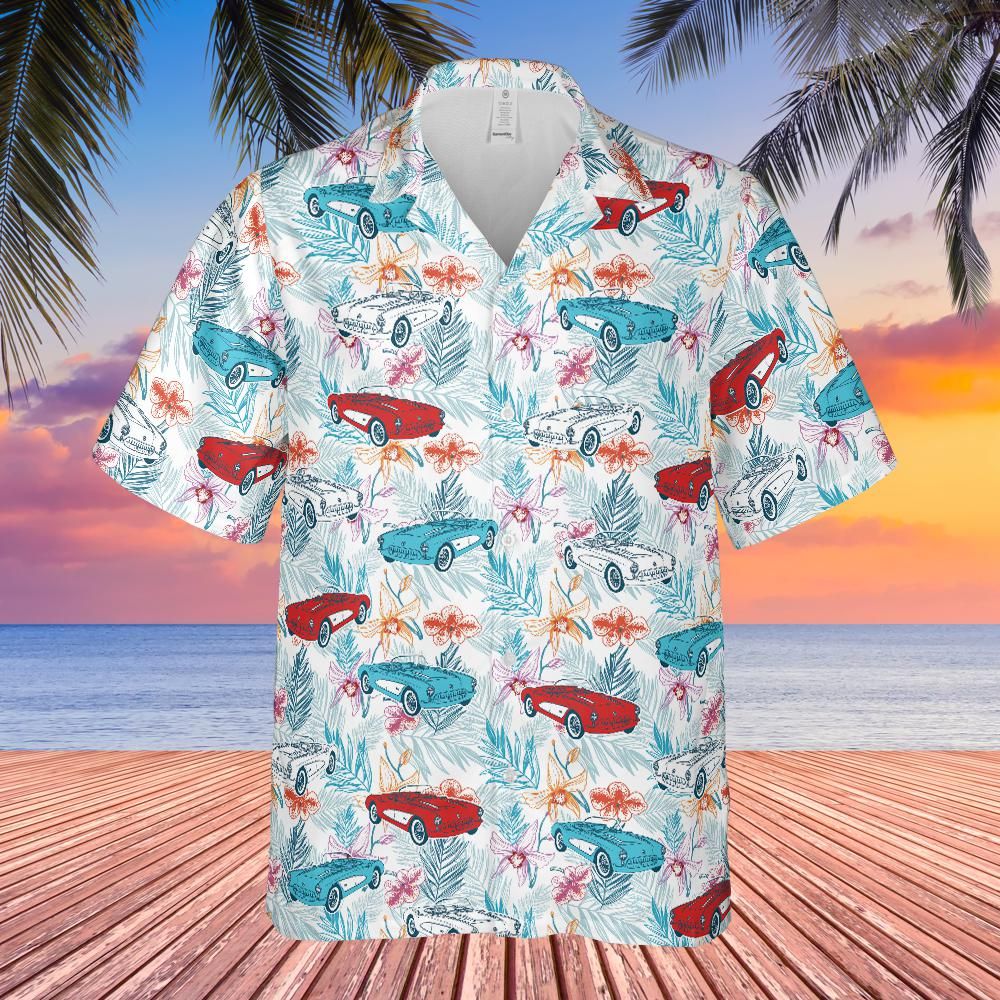 C1 Chevrolet Corvette Men's Multicolor Short Sleeve Front Button Hawaiian Style Shirt