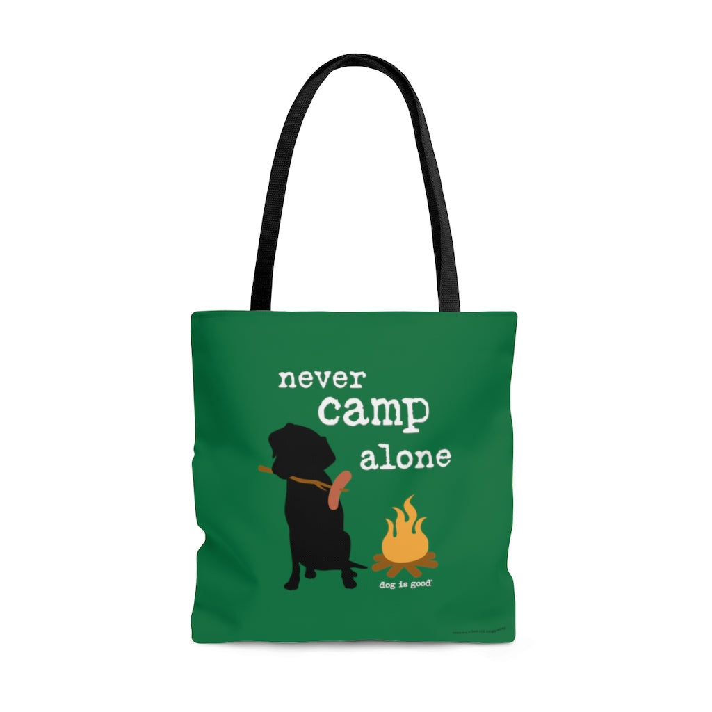 Dog is Good Never Camp Alone Tote Bag, Officially Licensed and Produced in the USA