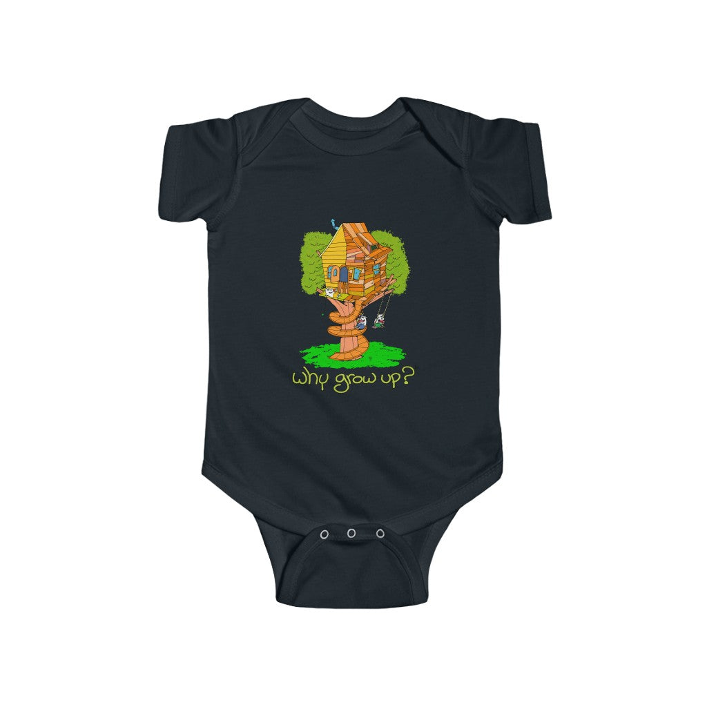 Rubes Cartoons Why Grow Up Treehouse 100% Cotton Infant Baby Bodysuit, Printed in the USA