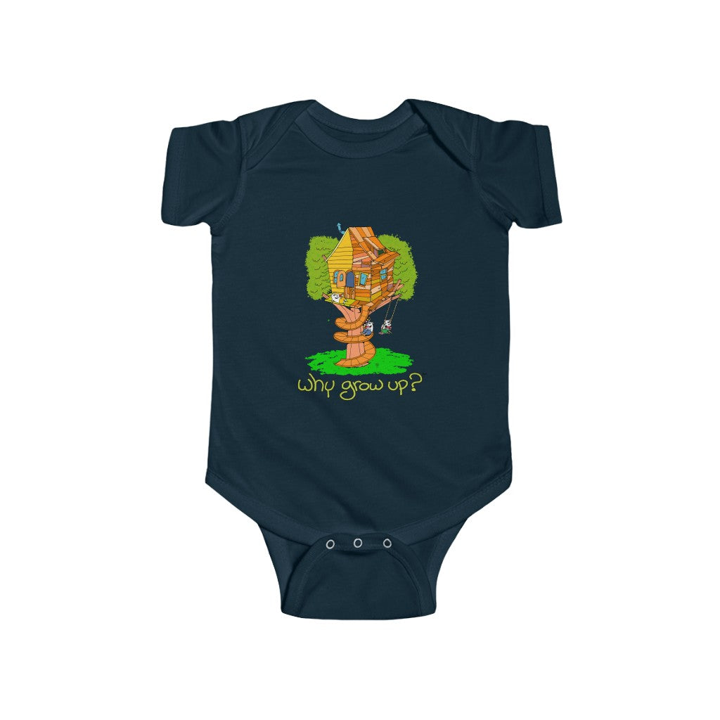 Rubes Cartoons Why Grow Up Treehouse 100% Cotton Infant Baby Bodysuit, Printed in the USA