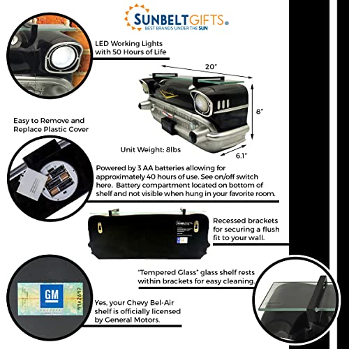 1957 Bel Air Floating Shelf with Working LED Headlights, Black, Battery Operated, Measures 20.0 x 6.1 x 8.0 inches, weight 8 pounds, , Tempered Glass Shelf, Recessed Brackets.