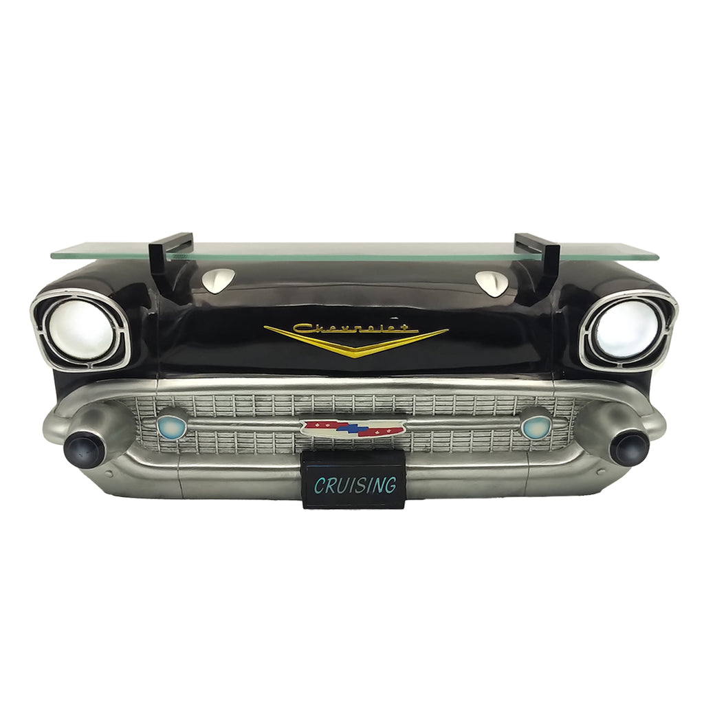 1957 Bel Air Schweberegal mit funktionierenden LED-Scheinwerfern, schwarz, batteriebetrieben, Maße 20,0 x 6,1 x 8,0 Zoll, Gewicht 8 Pfund, Regal aus gehärtetem Glas, eingelassene Halterungen.