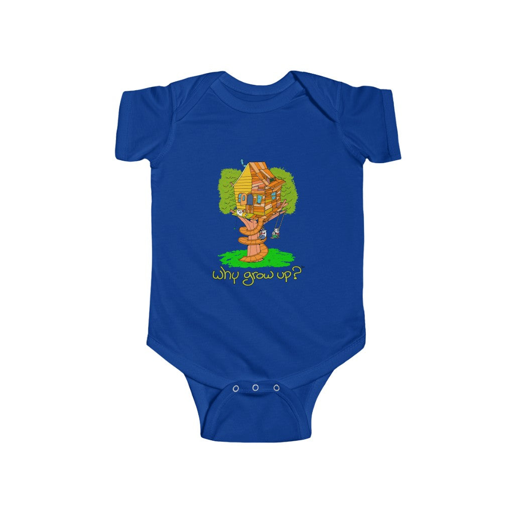 Rubes Cartoons Why Grow Up Treehouse 100% Cotton Infant Baby Bodysuit, Printed in the USA