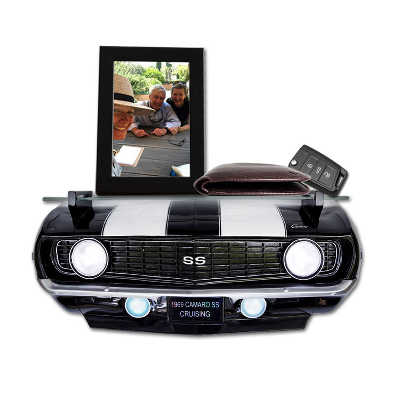 Sunbeltgifts 1969 Chevrolet Camaro SS Floating Wall Shelf, Black with White Stripes, 19.5x6x8 inches, Tempered Glass, Battery Powered LED Headlights, Chevy Car Lovers Decor, Muscle Car Fan Gift Idea