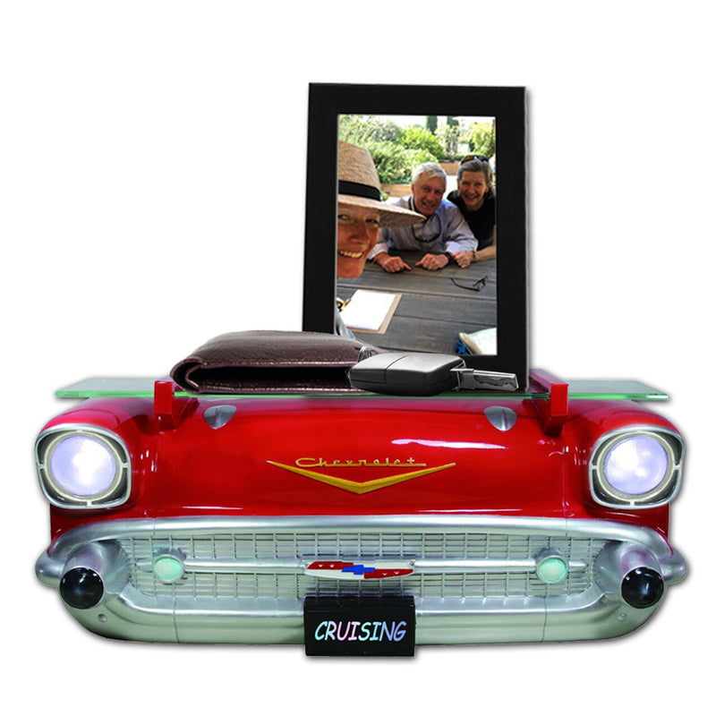 Sunbeltgifts 1957 Chevy Bel Air Wall Shelf, Floating Shelf, Red, 20x6.1x8 inches, Tempered Glass, LED Headlights, Battery Operated, Classic Car Wall Decor, Novelty Gift, Gift Idea for Car Fans