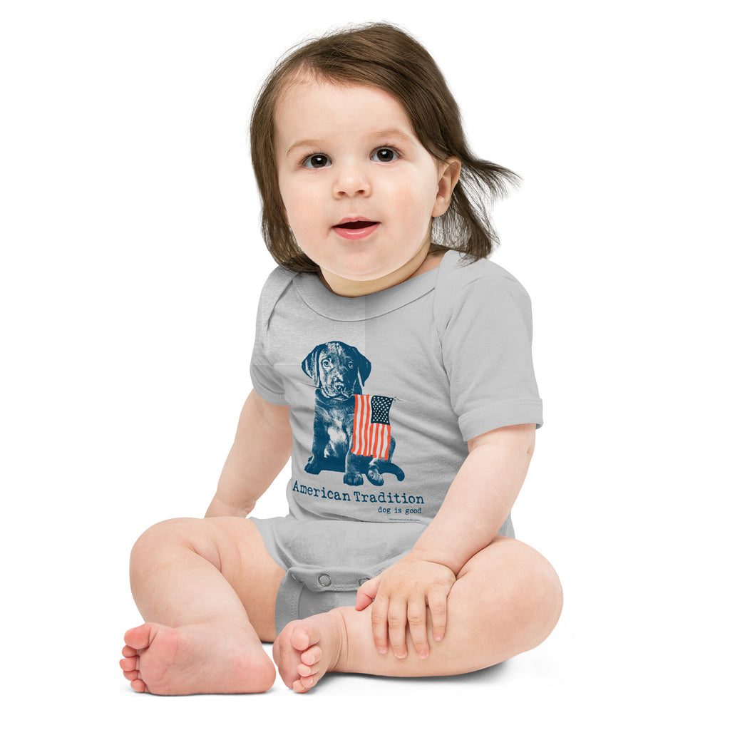 Dog is Good American Tradition Baby One Piece Bodysuit – Puppy & American Flag Design, Made in the USA