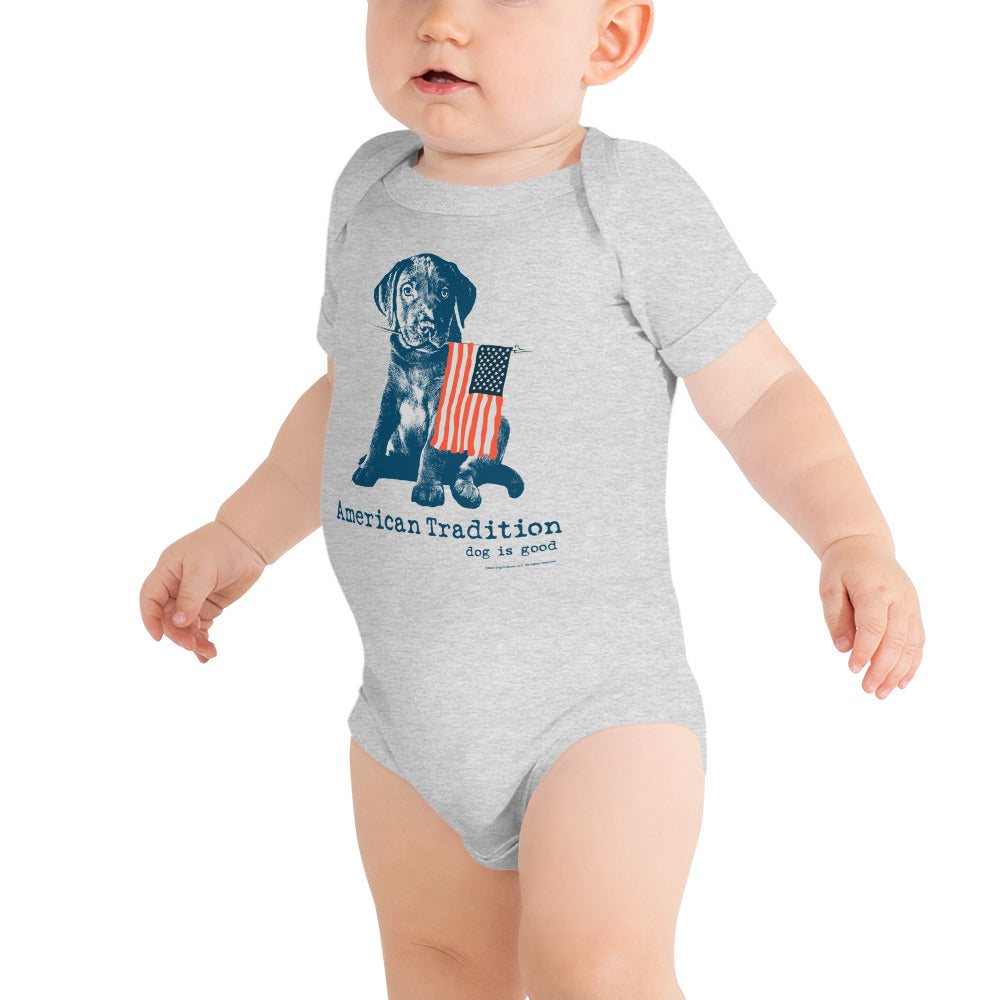 Dog is Good American Tradition Baby One Piece Bodysuit – Puppy & American Flag Design, Made in the USA