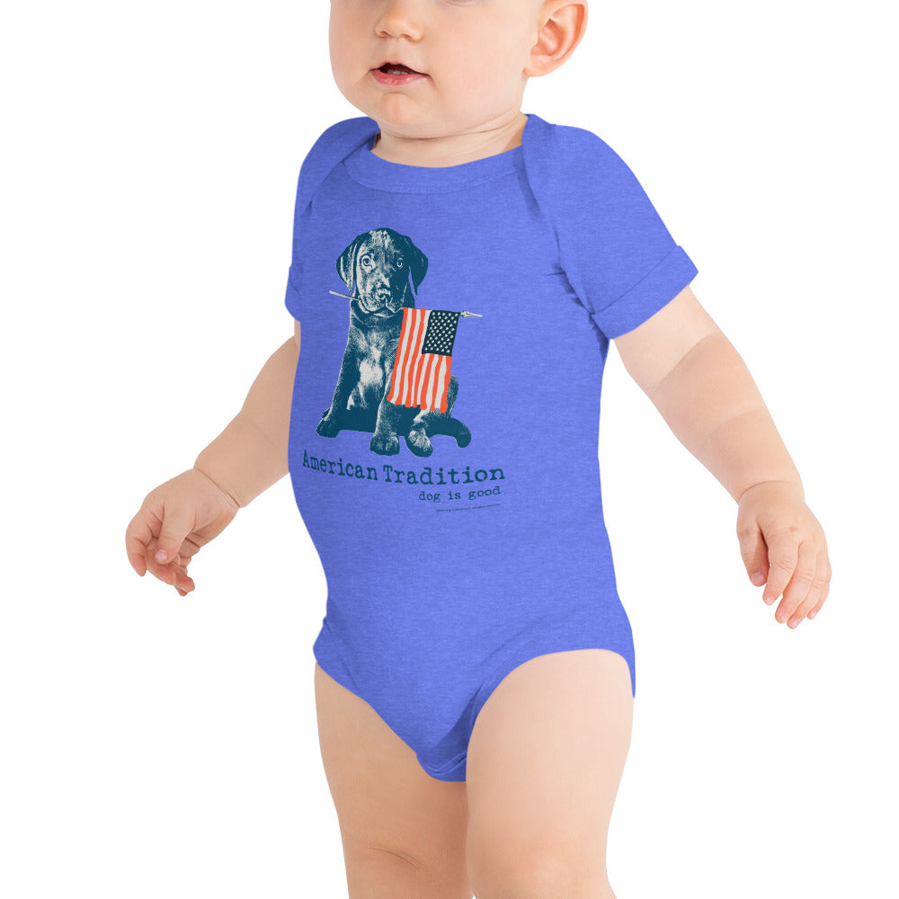 Dog is Good American Tradition Baby One Piece Bodysuit – Puppy & American Flag Design, Made in the USA