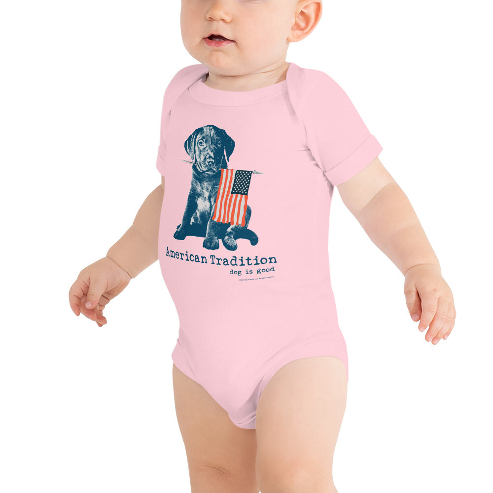 Dog is Good American Tradition Baby One Piece Bodysuit – Puppy & American Flag Design, Made in the USA