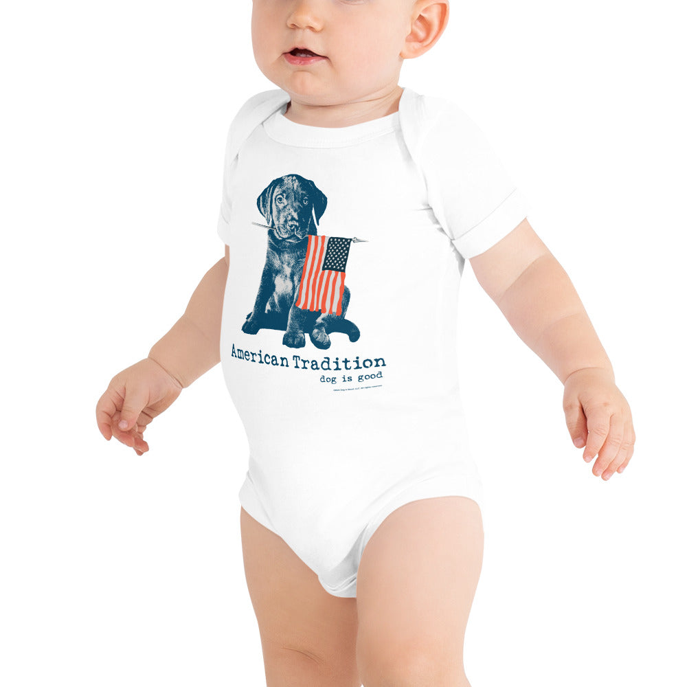 Dog is Good American Tradition Baby One Piece Bodysuit – Puppy & American Flag Design, Made in the USA