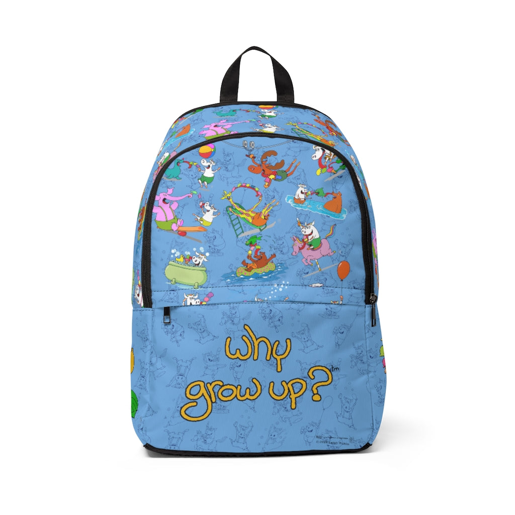 Rubes Cartoons Why Grow Up Backpack light blue
