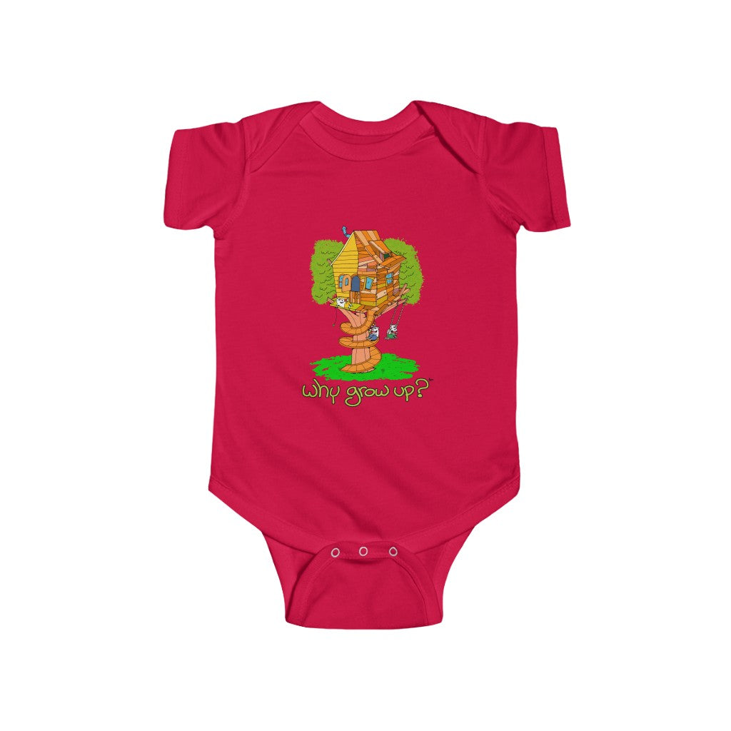 Rubes Cartoons Why Grow Up Treehouse 100% Cotton Infant Baby Bodysuit, Printed in the USA