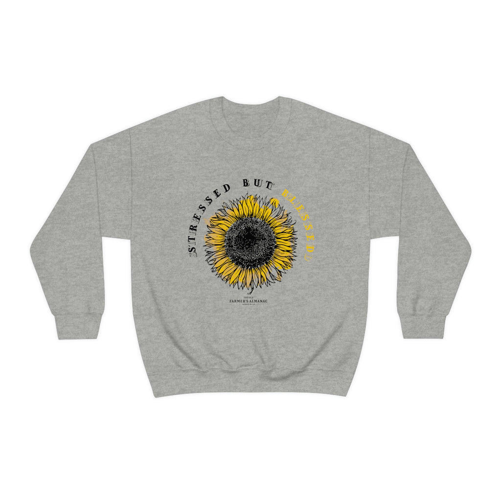 Old Farmer's Almanac Stressed But Blessed Sunflower Crew Neck Long Sleave Heavy Duty Sweatshirt, perfect for cool crisp days