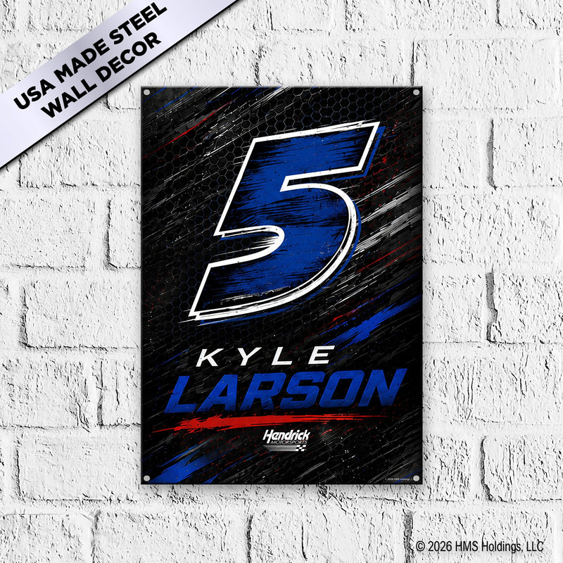 Kyle Larson #5 Hendrick Motorsports metal sign lifestyle wall mount — black honeycomb background with blue and white number 5 and red accent stripe, steel wall decor