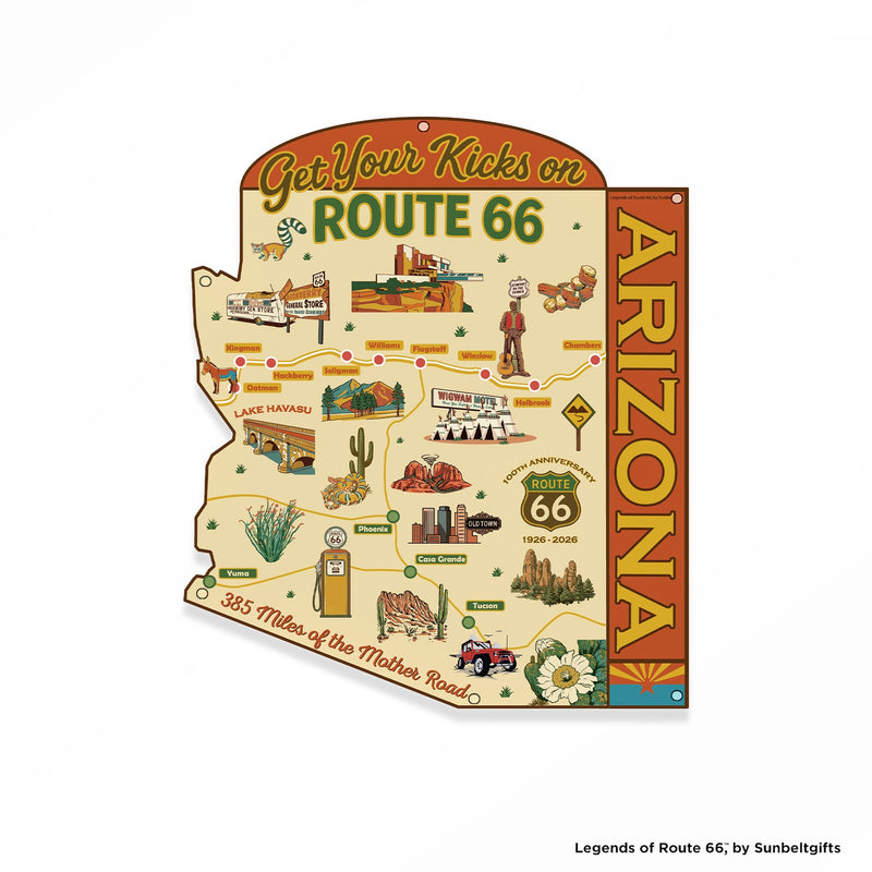 Legends of Route 66 Arizona die-cut steel wall sign shaped to Arizona state outline with centennial map artwork on white background