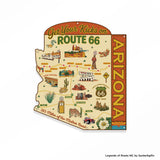 Legends of Route 66 Arizona die-cut steel wall sign shaped to Arizona state outline with centennial map artwork on white background
