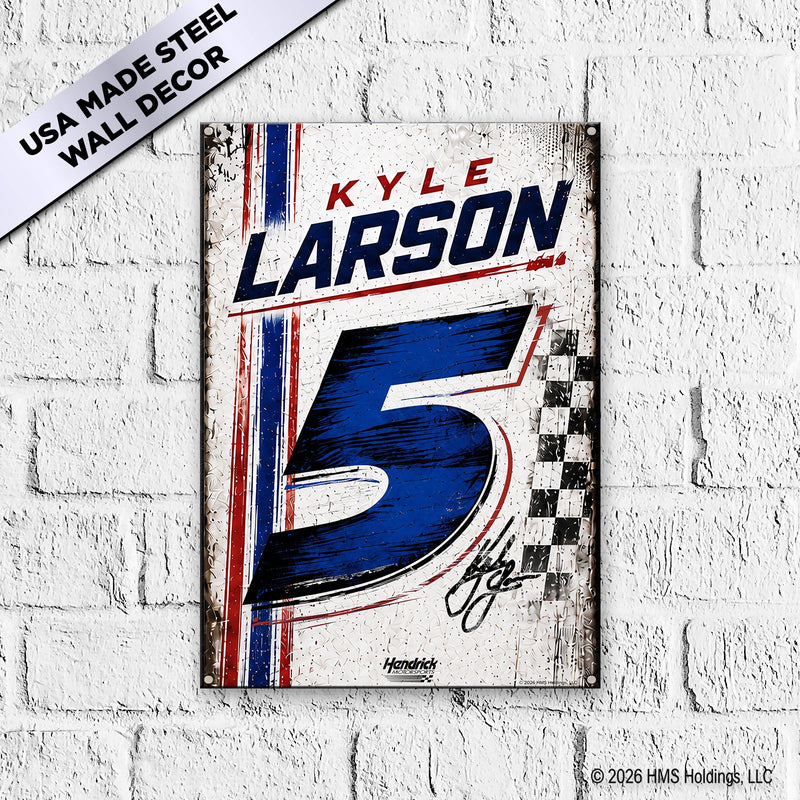Kyle Larson #5 Signature Series Hendrick Motorsports steel metal sign mounted on white brick wall — USA Made Steel Wall Decor
