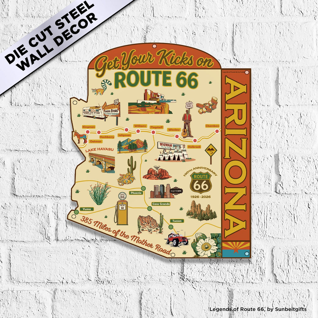 Legends of Route 66 Arizona die-cut steel map sign displayed on white brick wall showing Get Your Kicks on Route 66 artwork