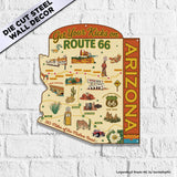 Legends of Route 66 Arizona die-cut steel map sign displayed on white brick wall showing Get Your Kicks on Route 66 artwork