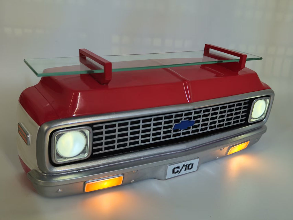 1972 C10 Truck Red, White Wall Shelf, 19.7x6.1x7.9 inches, Tempered Glass, Battery Powered LED Headlights, Car Enthusiast Gift, Classic Truck Decor, Chevy Collector Item