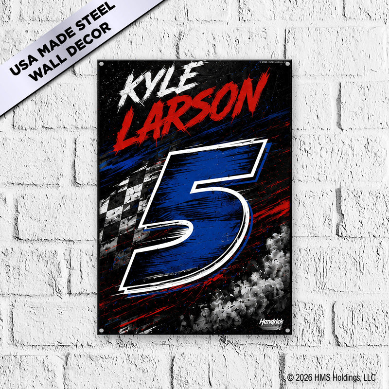 Kyle Larson #5 Hendrick Motorsports black steel metal sign mounted on white brick wall — dark grunge design with checkered flag and smoke burst