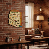 Legends of Route 66 Arizona metal sign hanging in living room on red brick wall with retro Americana decor