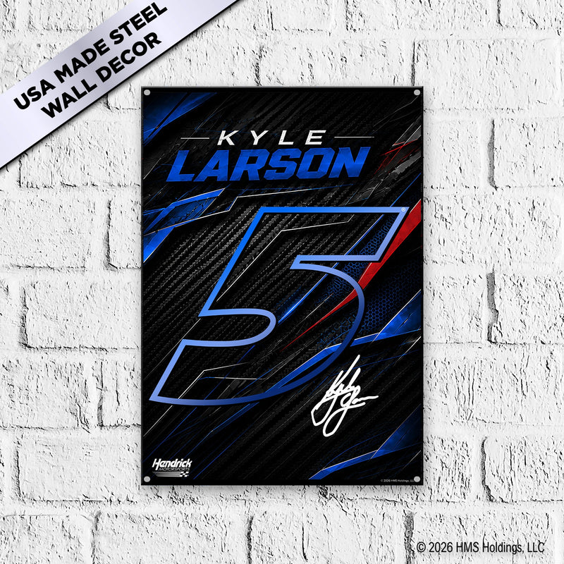 Kyle Larson #5 Carbon Tech Hendrick Motorsports black steel metal sign mounted on white brick wall — electric blue outline number with carbon-fiber texture and blade graphics